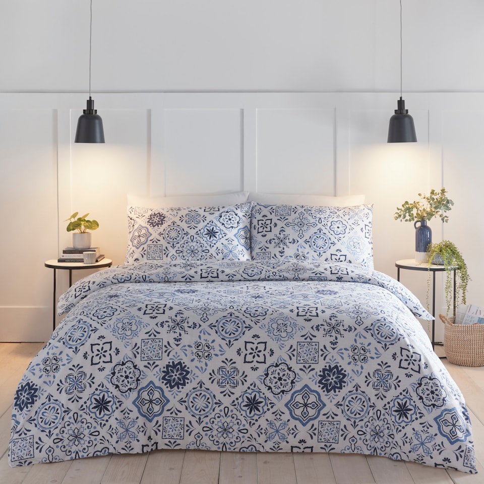 image 1 of Portfolio Home Porto Geometric Bohemian Soft Bedding Duvet Cover Set With Pillowcase | Blue | Double