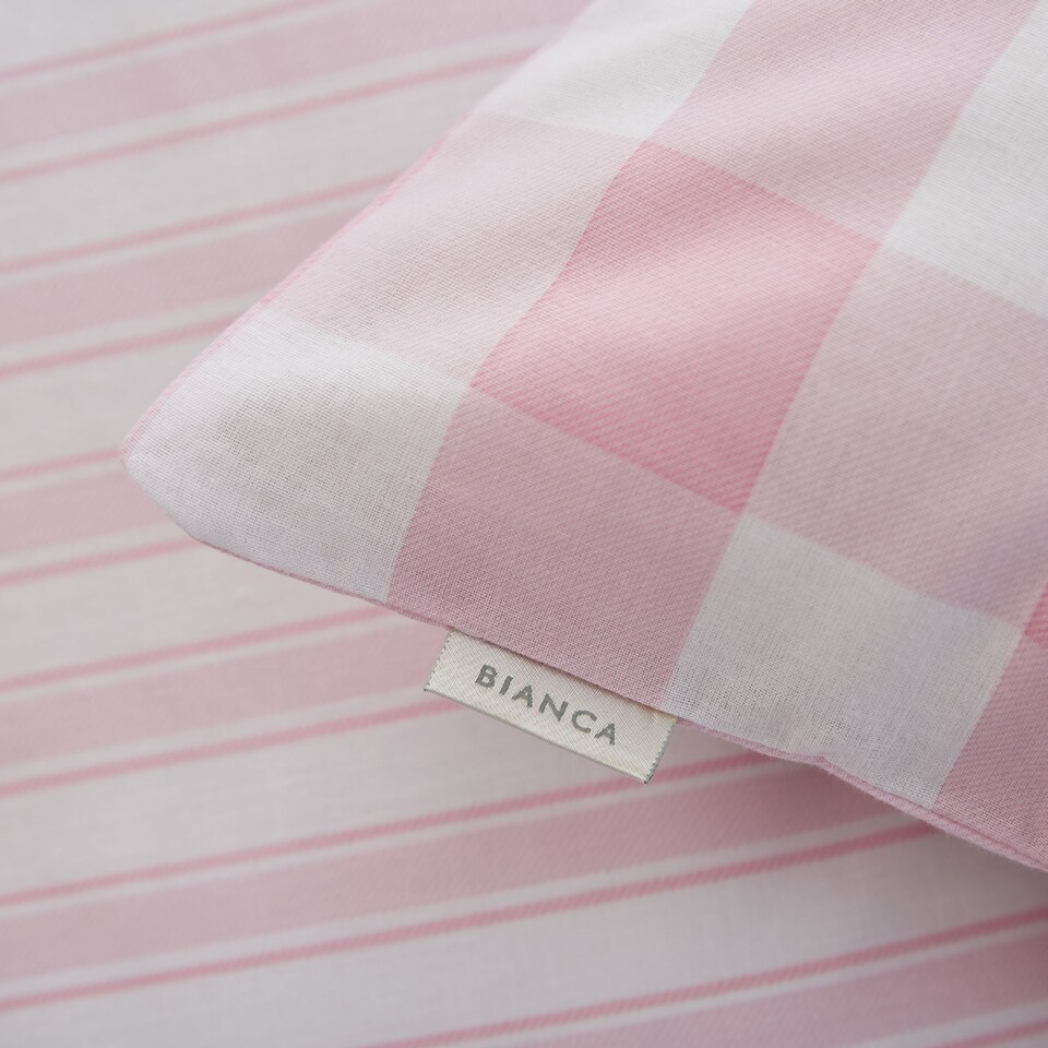image 1 of Check and Stripe Cotton Reversible Duvet Cover Set | Pink