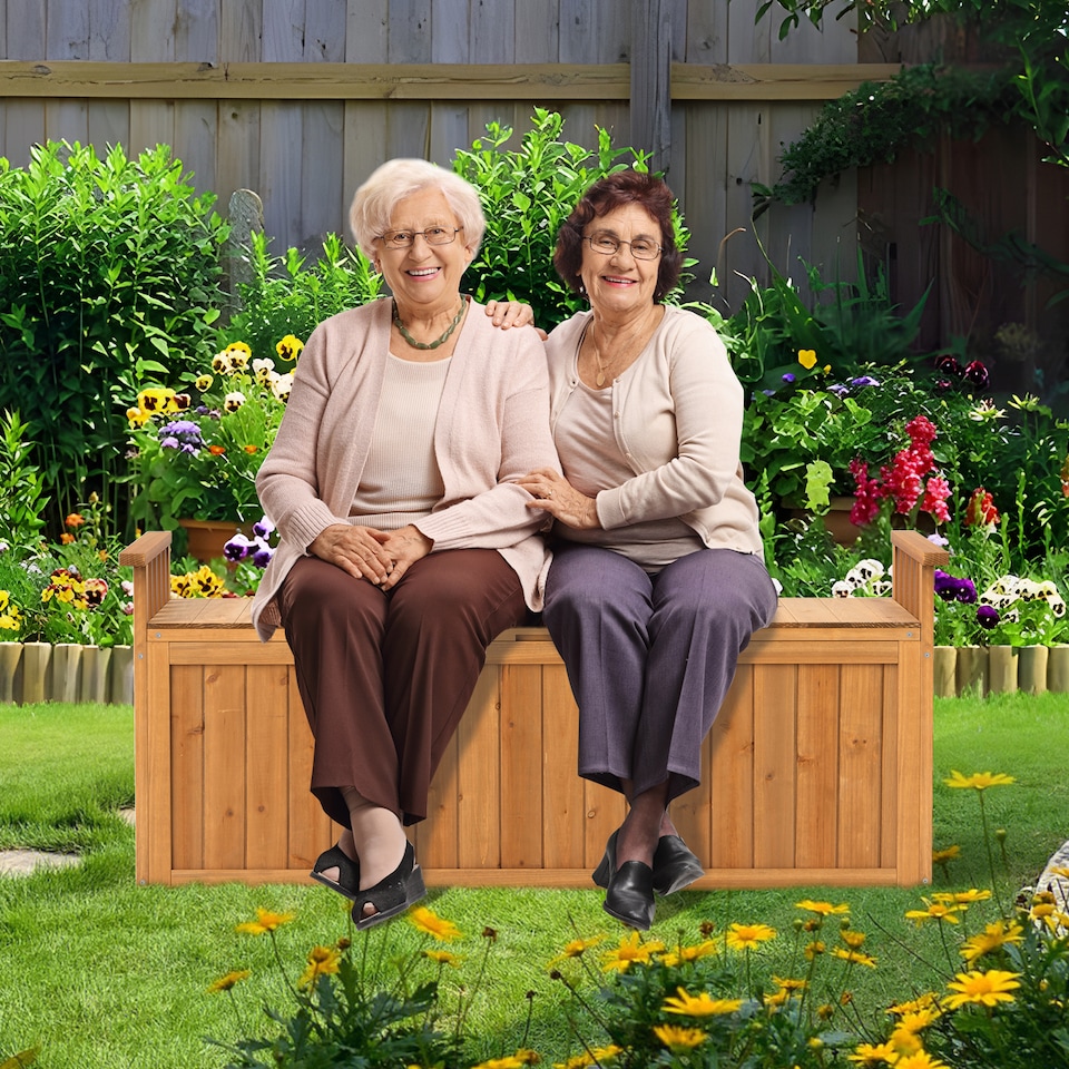image 1 of COSTWAY Outdoor Wood Storage Bench 209 L Large Storage Deck Box w/ Armrests