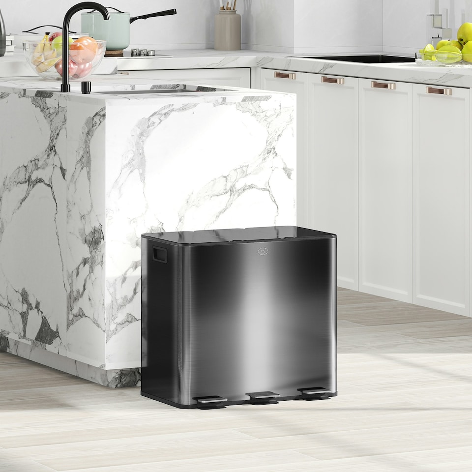 image 1 of HOMCOM 3 x 15L Triple Kitchen Bin Pedal Bin for Recycling and Waste Black | 45L