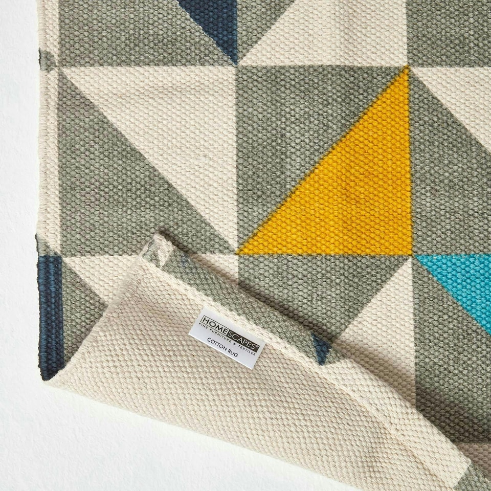 image 1 of Homescapes Copenhagen Blue, Yellow and Grey Cotton Geometric Style Scandi Printed Rug - 120 x 170 cm | Multi | White, grey, blue, yellow and black