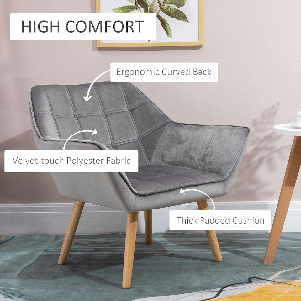 image 1 of HOMCOM Luxe Velvet-Feel Accent Chair w/ Wide Arms Slanted Back Grey