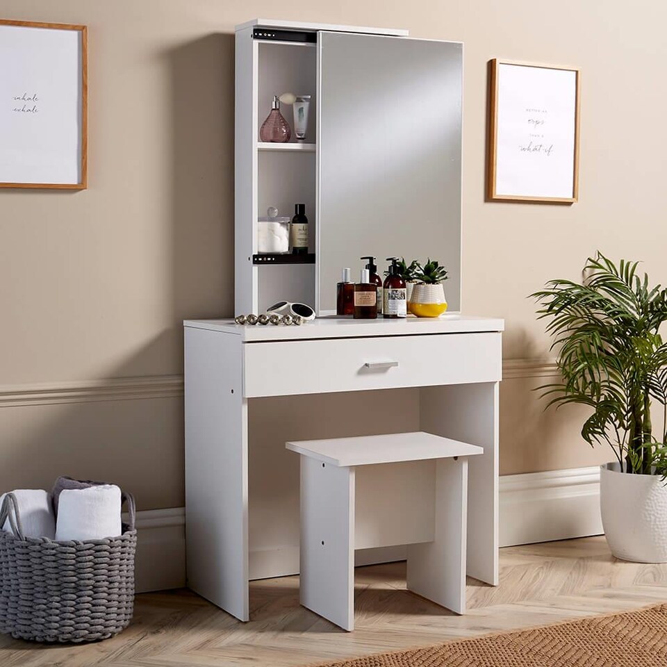 image 1 of Makeup Dressing Table Set With Sliding Storage Space Vanity Mirror and Stool | White