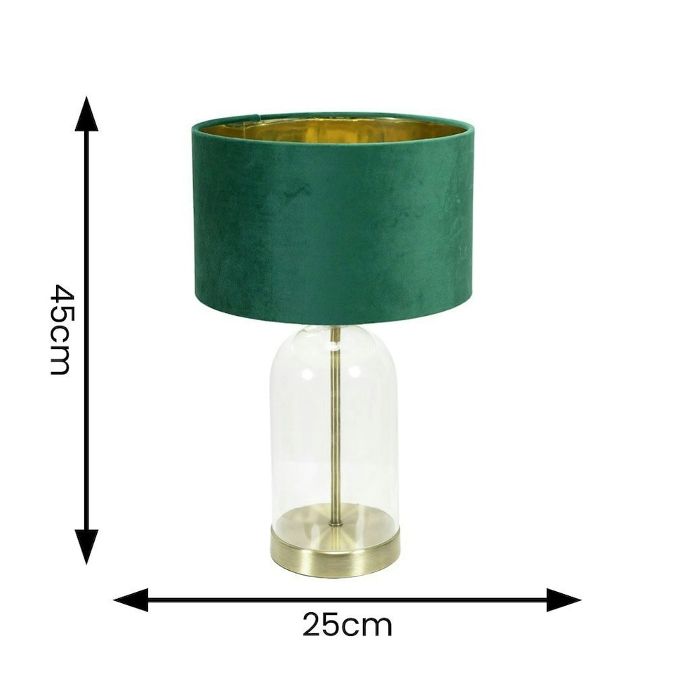 image 1 of ValueLights Jessy Glass with Gold Trim Table Lamp with Forest Green Velvet with Gold Inner Lamp Shade Green