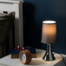 ValueLights Pair Of Modern Chrome Trumpet Touch Table Lamps With Grey Fabric Shade