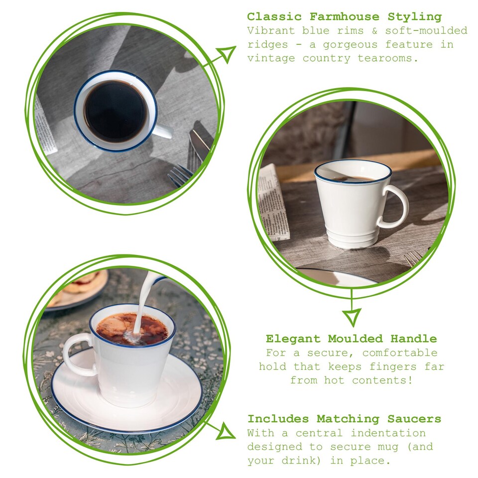 image 1 of Nicola Spring 270ml Farmhouse Teacups - Set of 6 Porcelain Tea Cups Rustic Cottage Drinkware with Rolled Rim & Comfort Handle | White | White/Blue Rim | 11 x 8.5 x 8.5 CM | 6