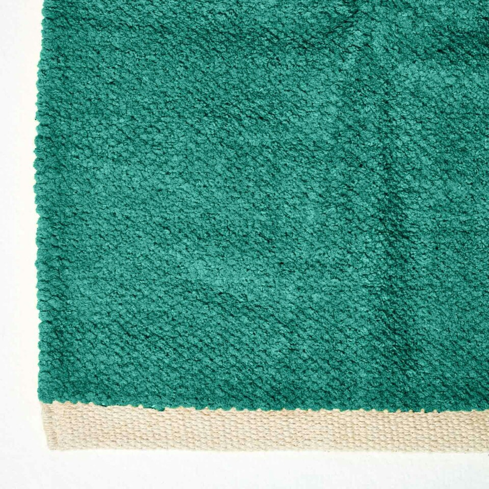 image 1 of Homescapes Teal Green 100% Cotton Plain Chenille Rug with Natural Trim - 90 x 150 cm | Green | 90 x 150 cm