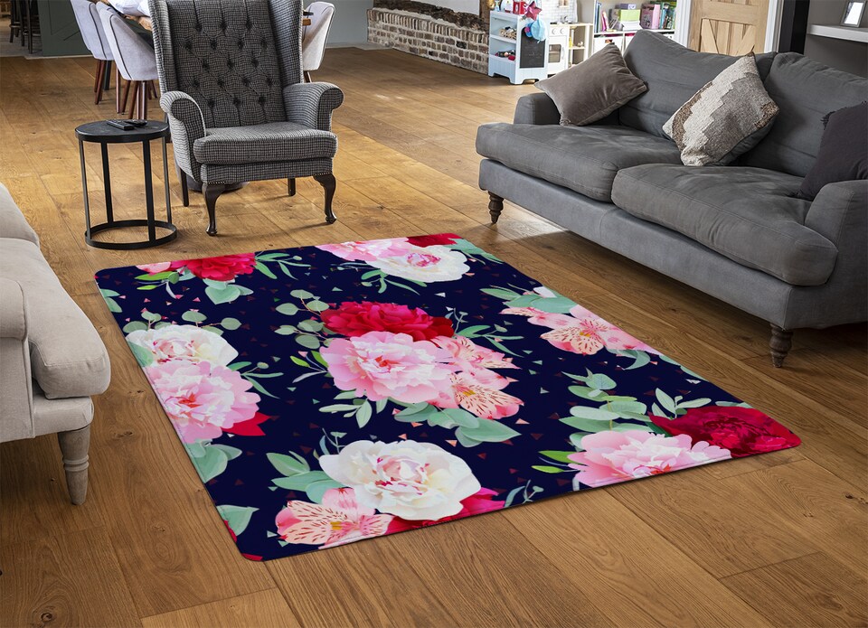 image 1 of Roses On Navy Rug | Multi