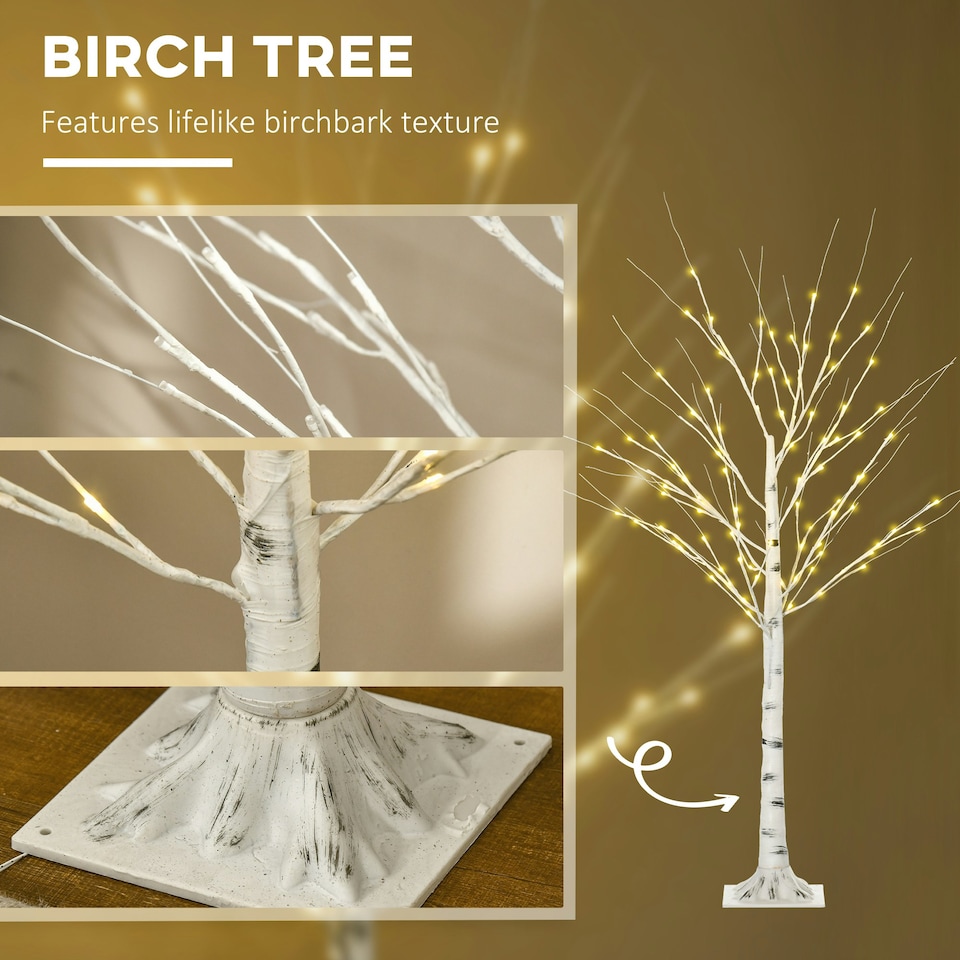 image 1 of HOMCOM 5ft Artificial White Birch Tree Light w/ 96 Warm White Pre-Lit LED Light