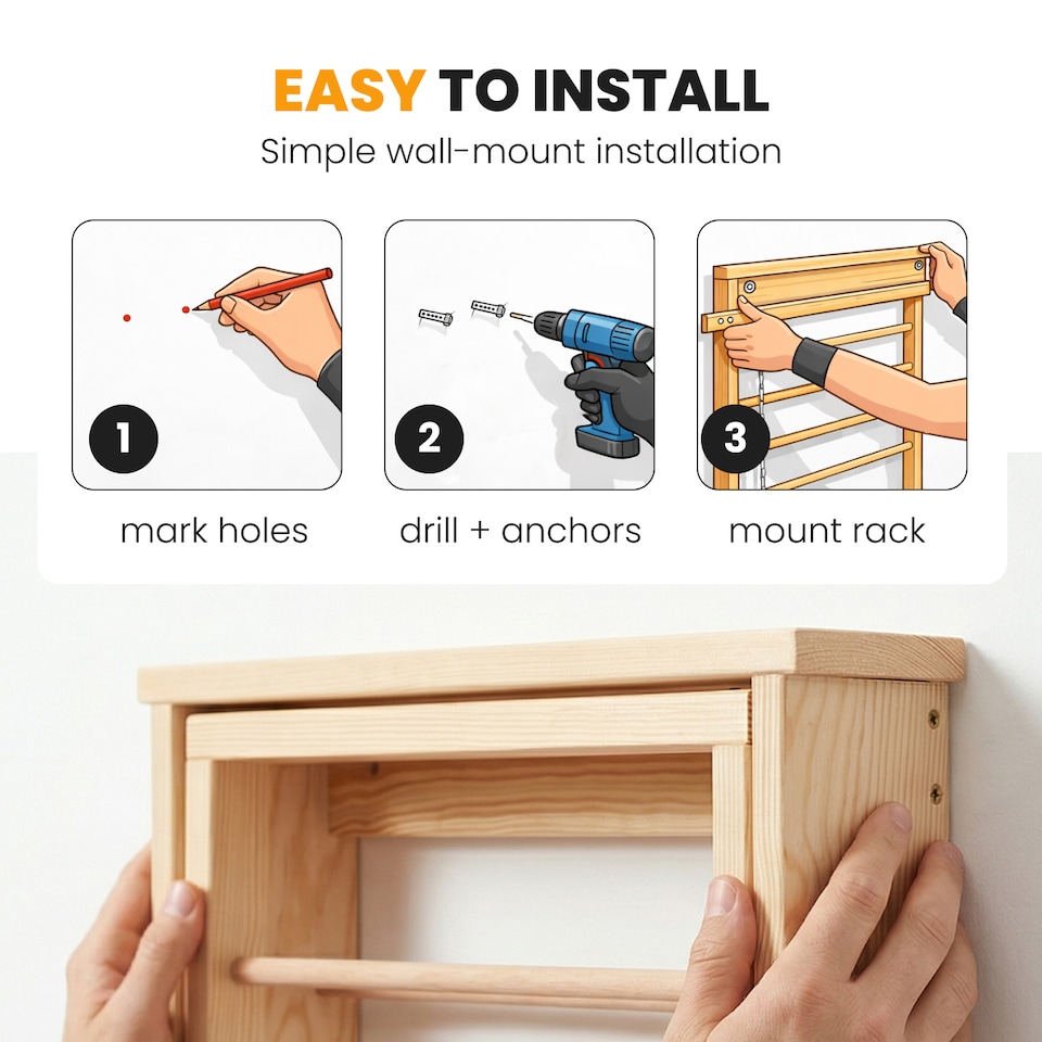 image 1 of Natural Wall Mounted Wooden Clothes Drying Rack with Double side Rails - Foldable and Space-Saving Clothes Airer