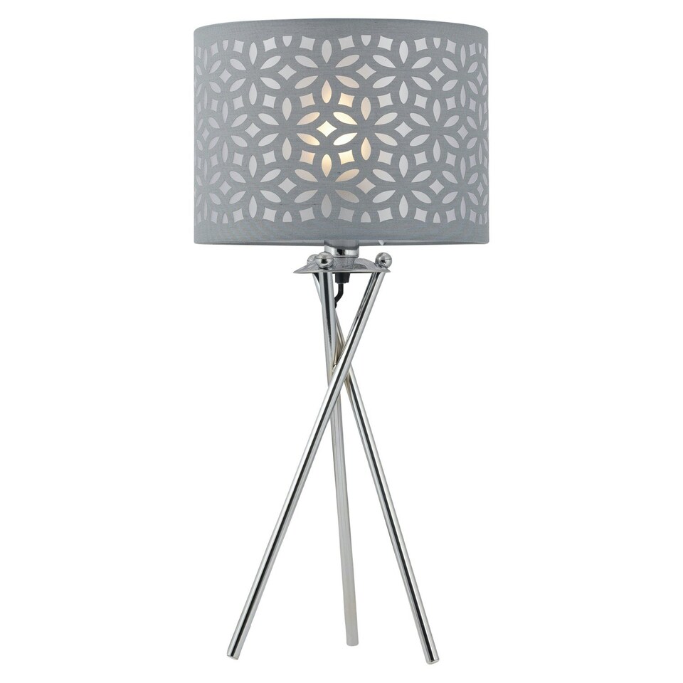 image 1 of First Choice Lighting Chrome Tripod Table Lamp with Grey Laser Cut Shade Chrome | Grey