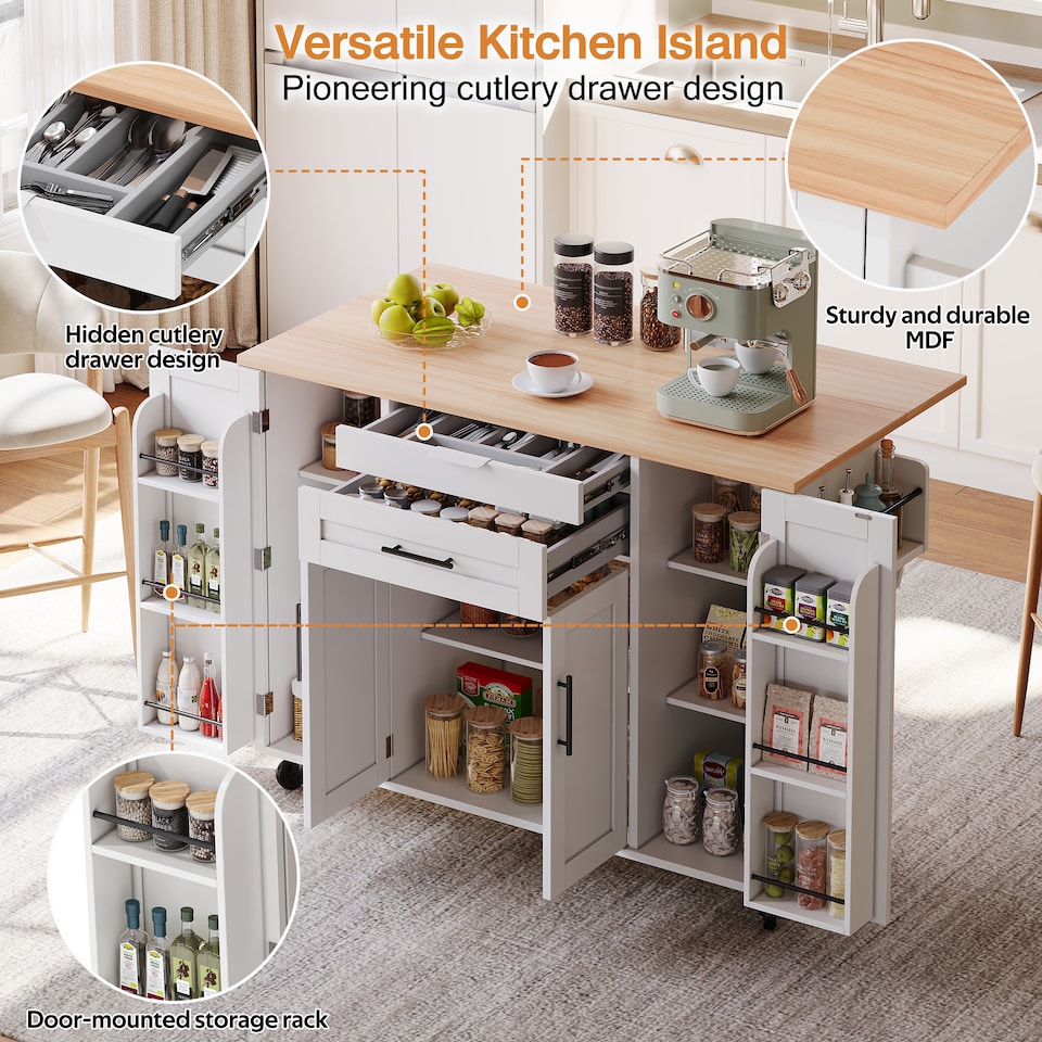 image 1 of VILUXE Mobile Kitchen Island with Foldable Worktop, Hidden Cutlery Drawer, Large Drawer, Adjustable Shelves, Door Racks, Towel Rack, Spice Rack and 5 Wheels, White and Natural Wood