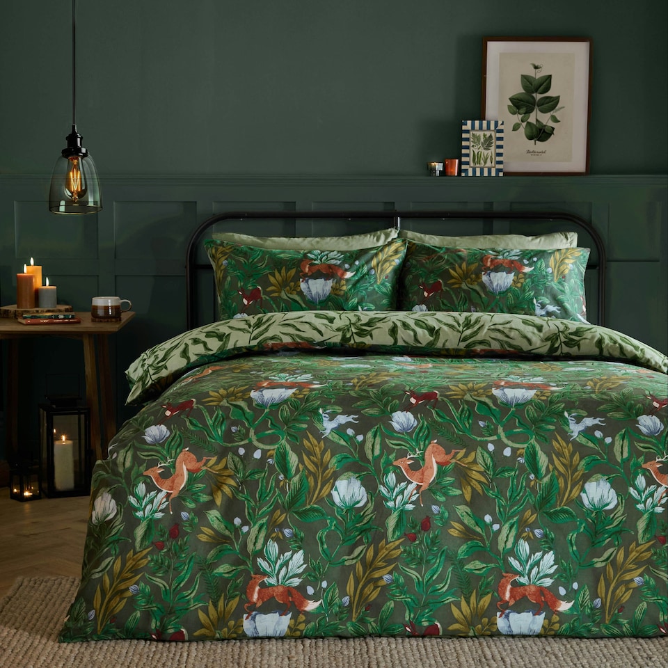 image 1 of furn. Into The Woods Printed Reversible Duvet Cover Set, Double, Green Green | Double