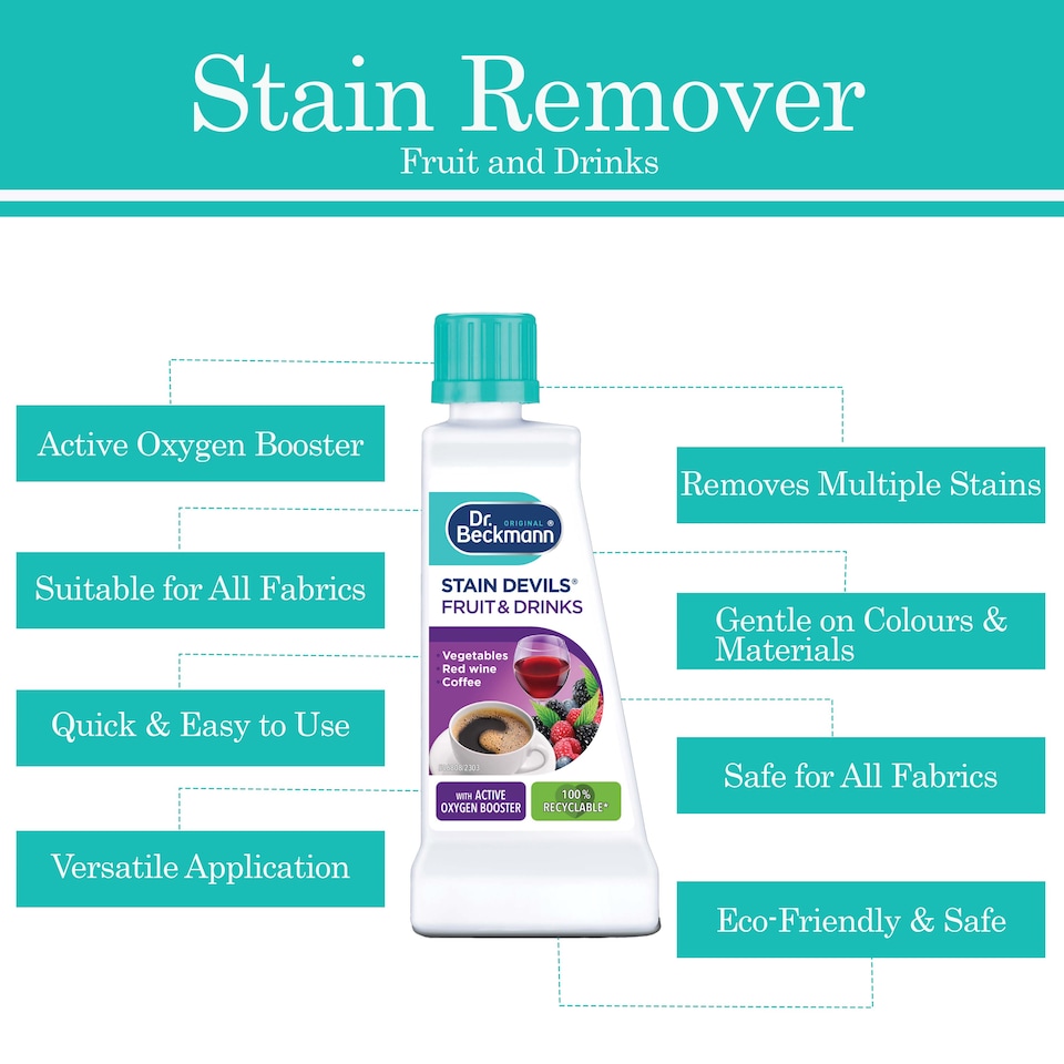 image 1 of Dr Beckmann Stain Devils Fruit and Drink Stain Remover 50ml for Coffee Tea Wine Juice Fabric Spot Cleaning Solution