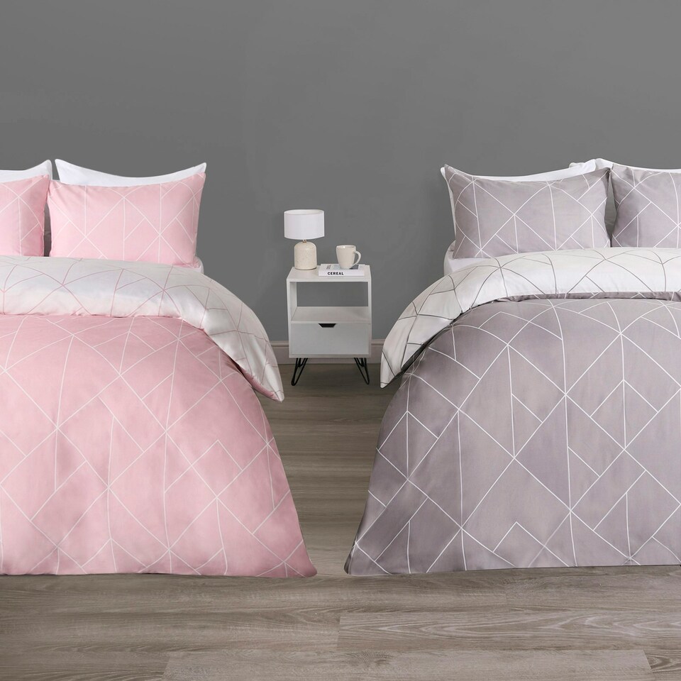 OHS Geometric Print Reversible Microfibre Duvet Cover Twin Pack Bedding Set, Double Blush Pink