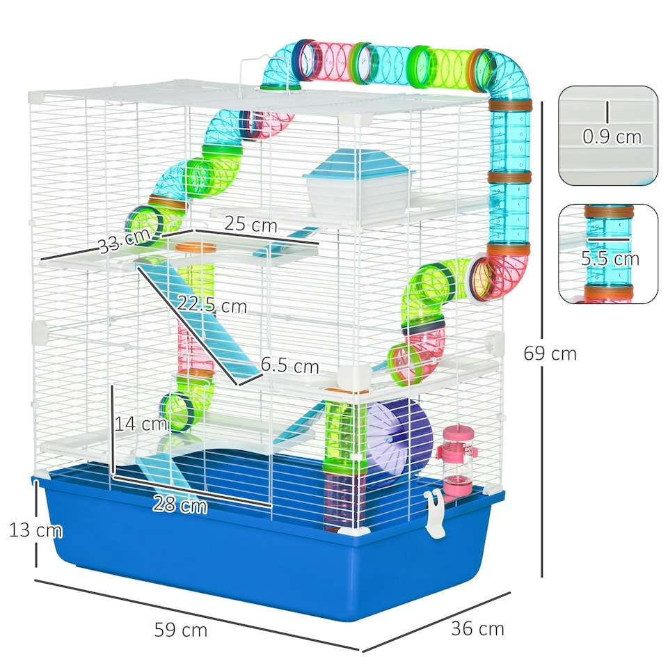 image 1 of PawHut Hamster Cage with Water Bottle, Exercise Wheel, Ramps - Blue