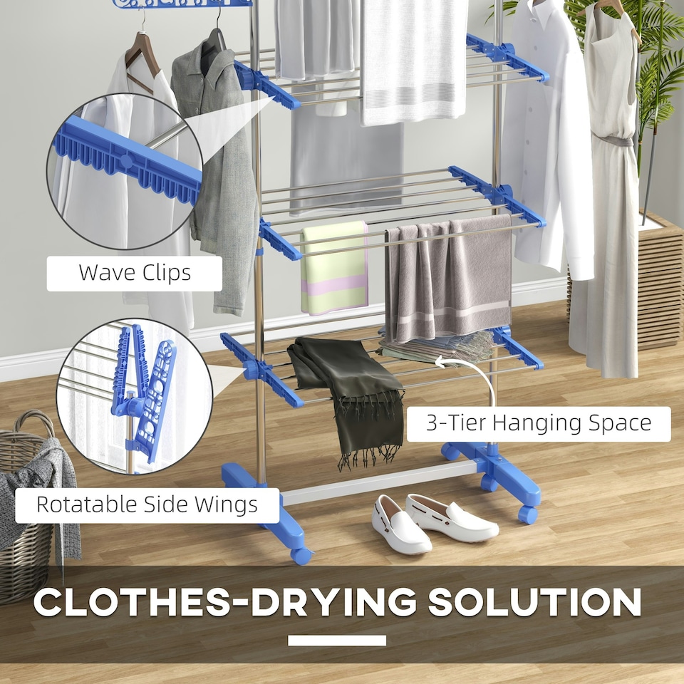 image 1 of HOMCOM 3-Tier Large Clothes Airer Stainless Steel Clothes Drying Rack Blue