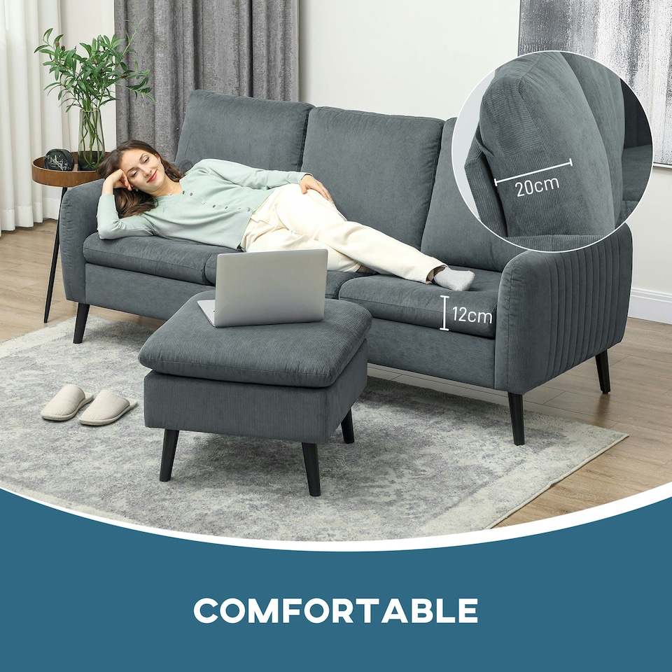 image 1 of HOMCOM 3 Seater Corner Sofa Couch Settee with Chaise Lounge, Charcoal Grey