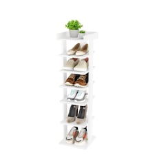 Neo White 7 Tier Wooden Shoe Rack Slim Narrow Storage Cabinet Space-Saving Entryway Bedroom Wardrobe | White