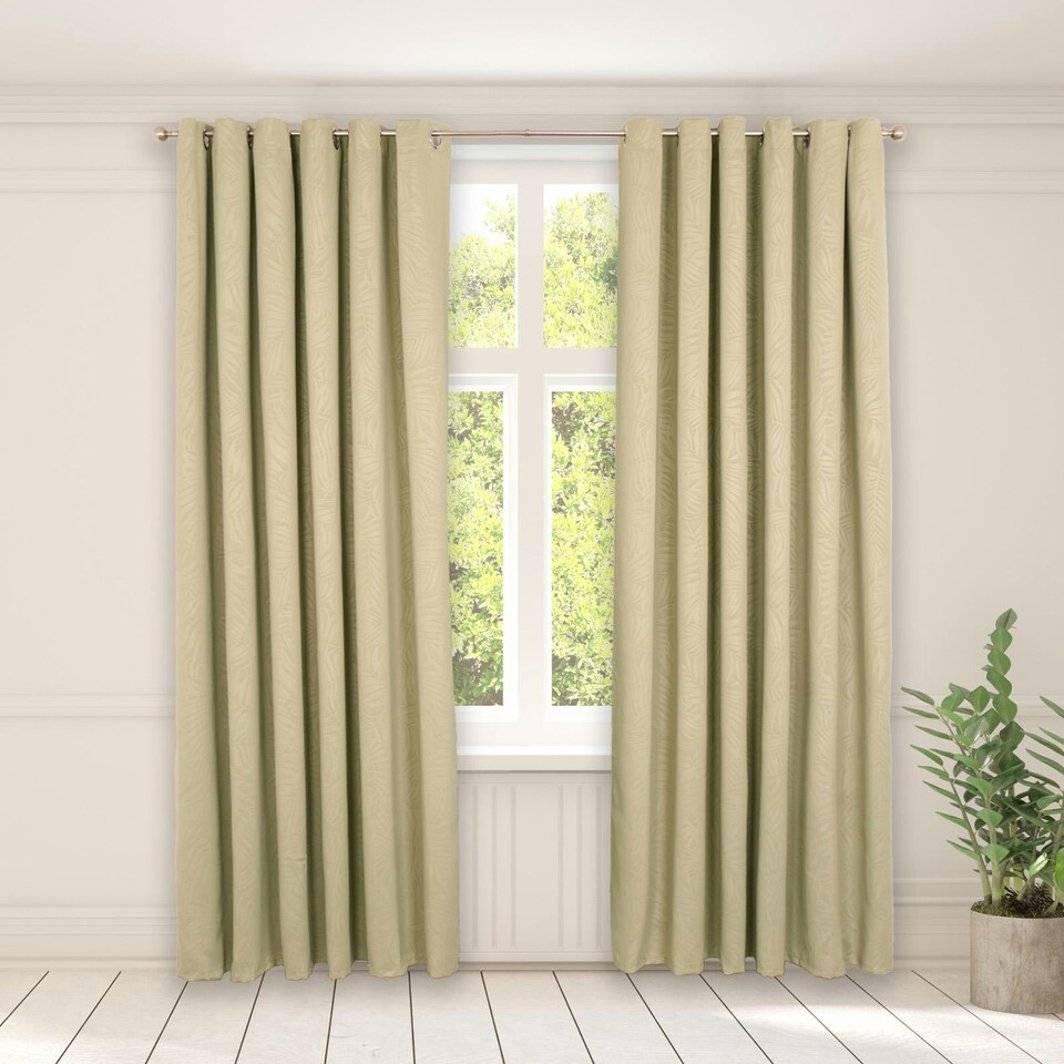 image 1 of OHS Leaf Print Thermal Blackout Eyelet Curtains, 90x90" - Sage Green