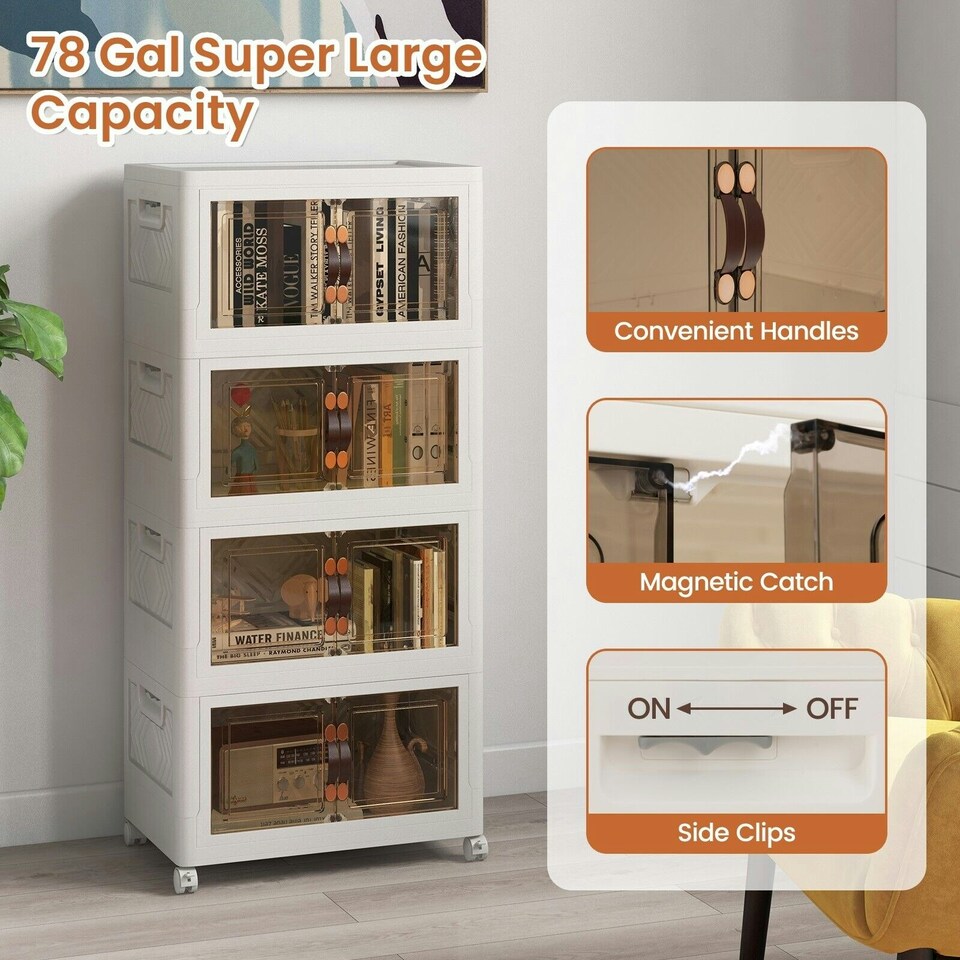 image 1 of COSTWAY 4 Pack Stackable Storage Cabinet Folding Organizer White