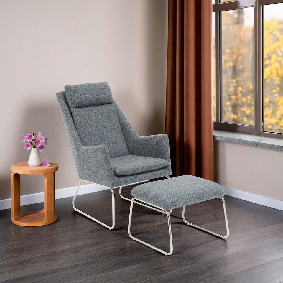 image 1 of Interiors by Premier Grey Fabric Chair with Foot Stool Ottoman, Steel Frame Highback Accent Chair for Office, Lounge, Living Room