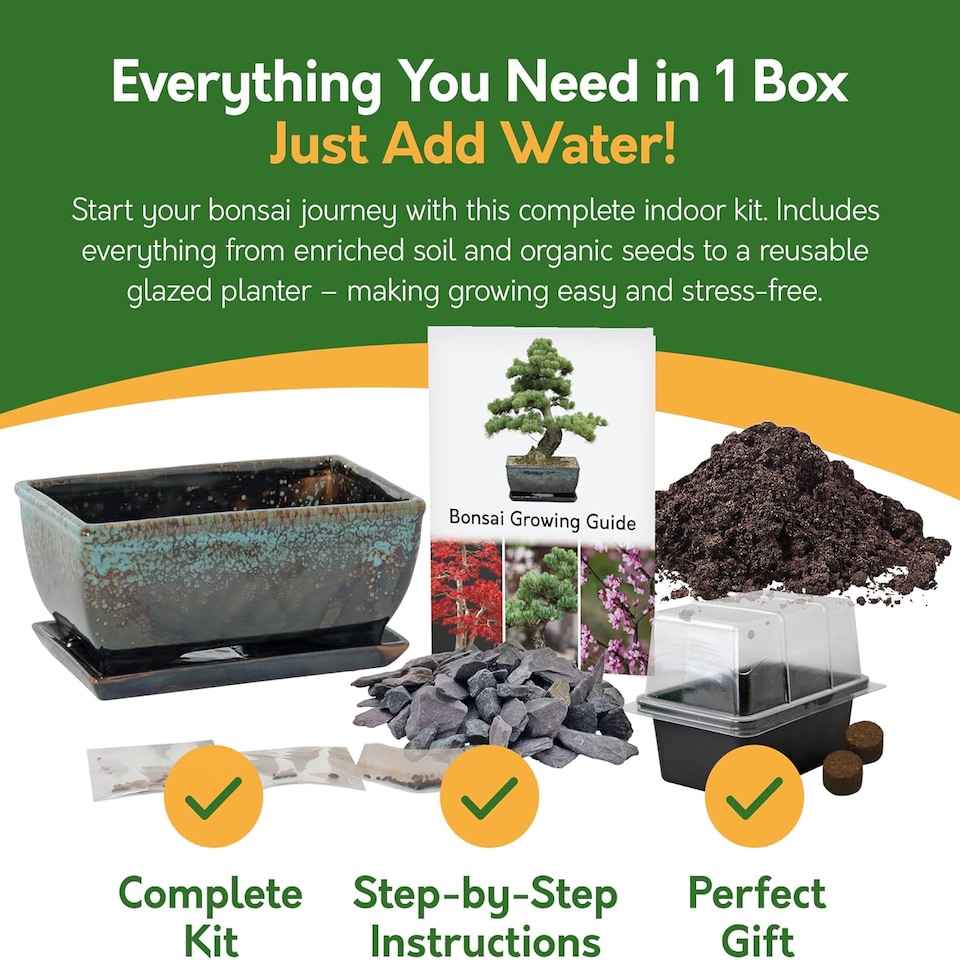 image 1 of Pronto Seed Bonsai Tree Kit with Traditional Bonsai Pot & 3 Bonsai Seed Varieties - Grow Your Own Bonsai - Gardening Gifts for Men