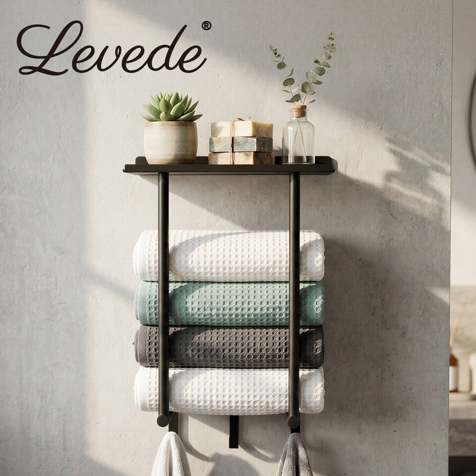 image 1 of Levede Towel Rack Wall Mounted Shelf Bathroom Storage Holder with Hooks Black