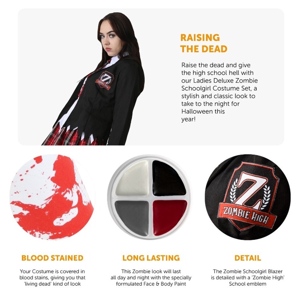 image 1 of Zombie Schoolgirl Costume With Stockings, Facepaint, Blood & Boater | Multi | M