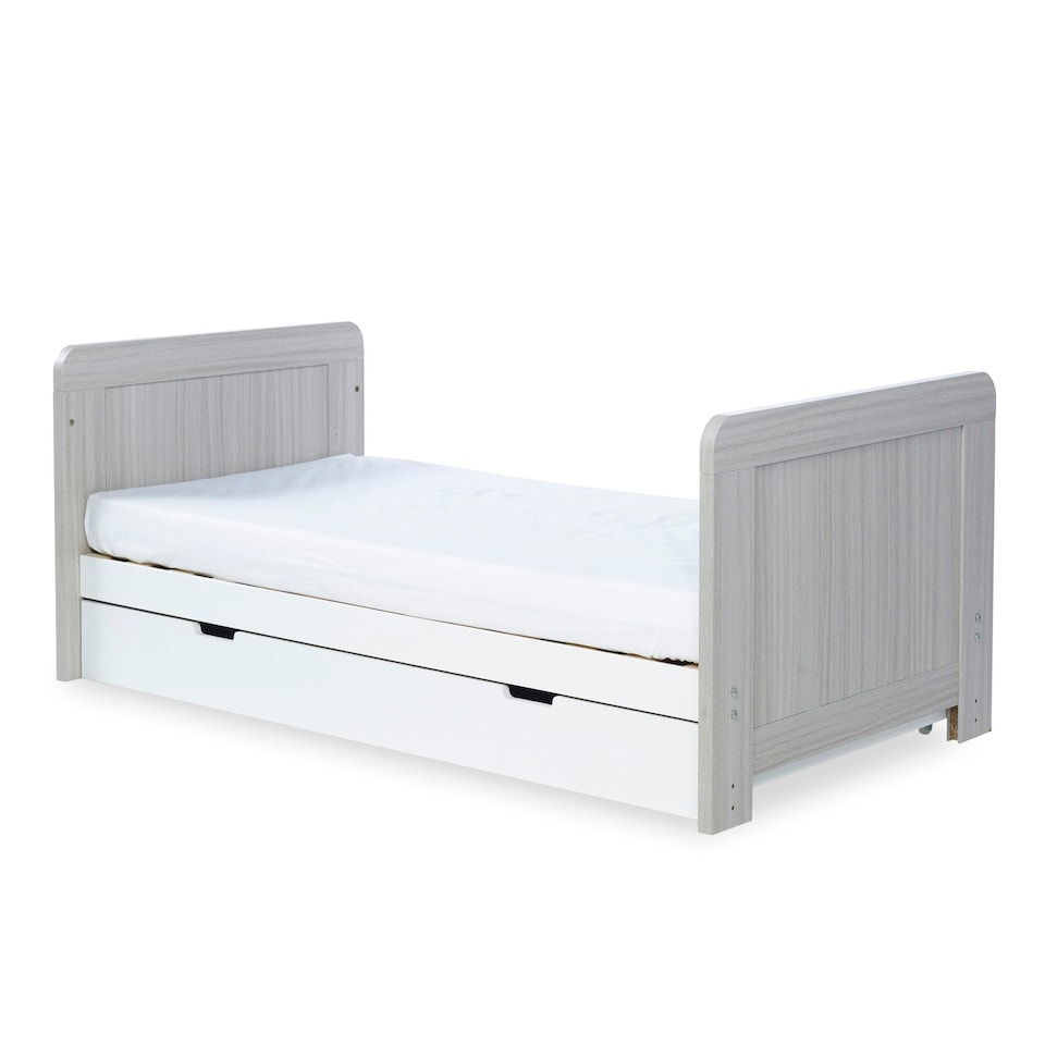 image 1 of Pembrey Cot Bed, Under Drawer & All Seasons Premium Pocket Sprung Mattress - Convertible, Adjustable Mattress Base, Birth to 4 Years (Ash Grey & White)