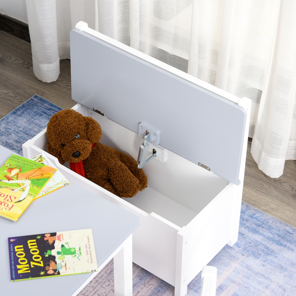image 1 of HOMCOM 4-Piece Set Kids Wood Table Chair Bench w Storage Function for 3 Years | Grey