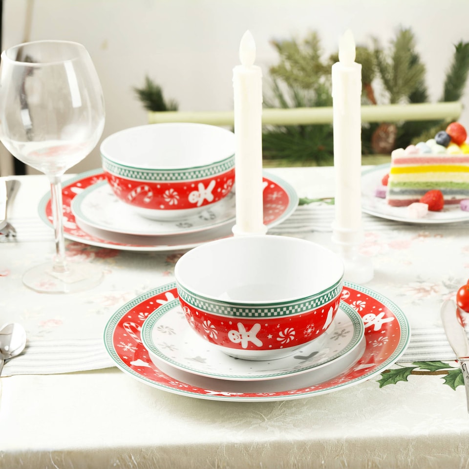 image 1 of simpa 12PC Gingerbread Men Christmas Ceramic Dinner Set.