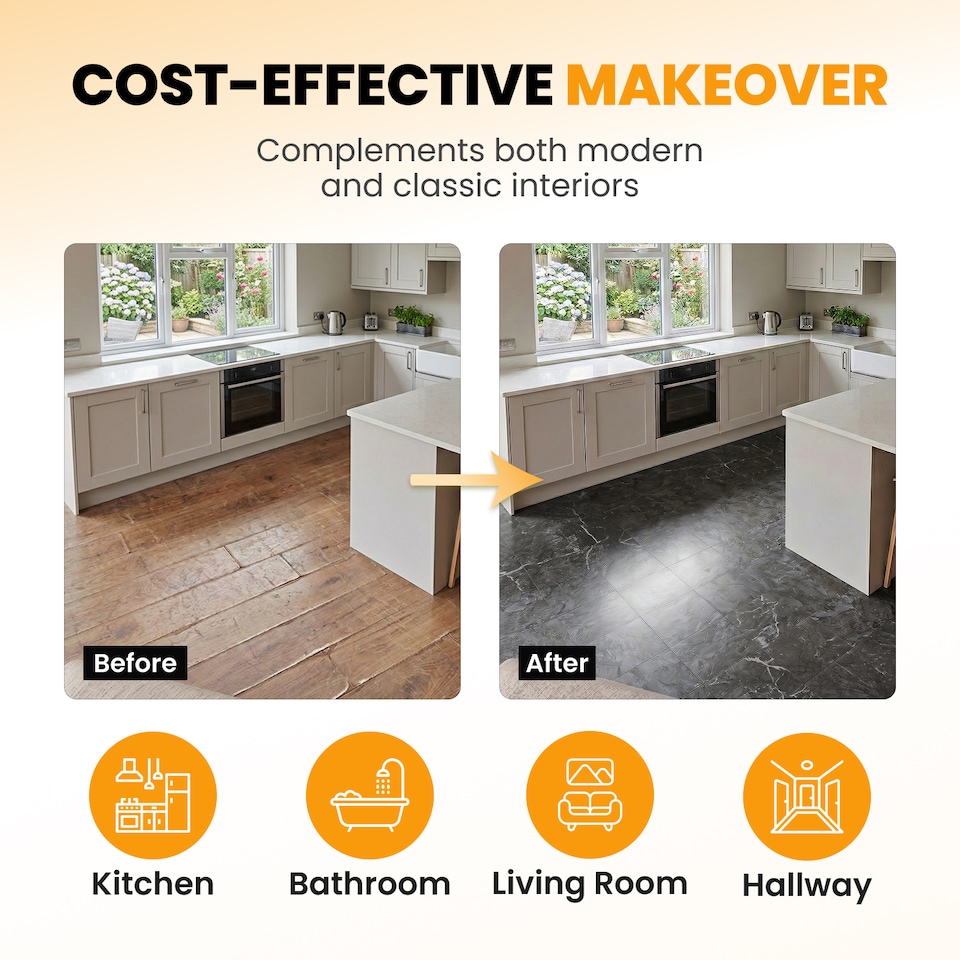 image 1 of NOVECRAFTO Self Adhesive Vinyl Floor Tiles - 12x12 in (30.5x30.5cm) - Waterproof 1.5mm Thick Peel & Stick Flooring - Luxe Marble Effect for Kitchen | Black | 0.9 sqm