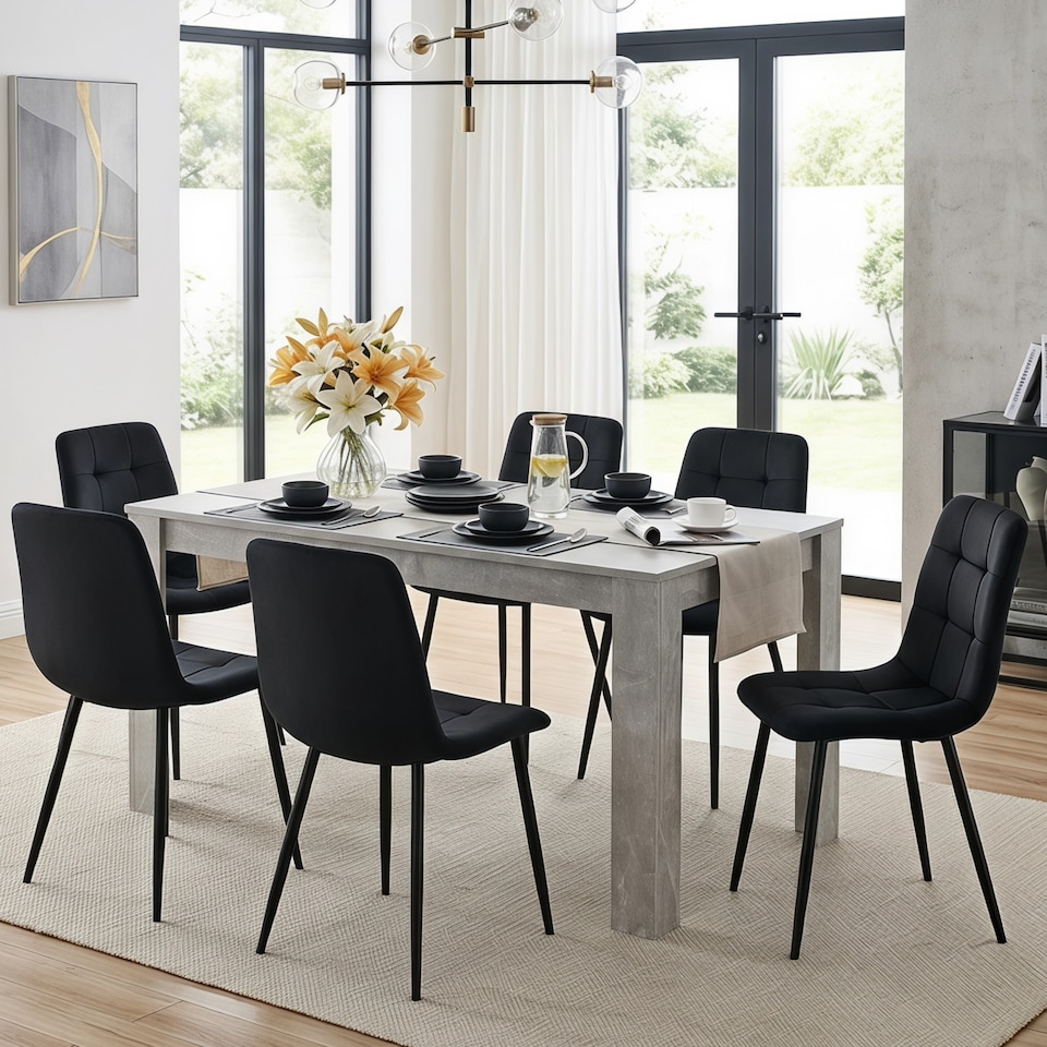 image 1 of Stone Grey Effect Wooden Dining Table Set With 6 Black Velvet Chairs Dining Room Furniture | Black | One Size | 7
