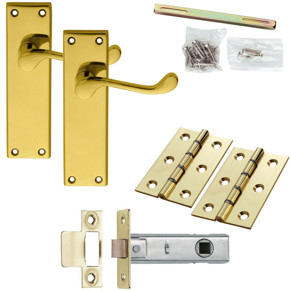 Loops Door Handle & Latch Pack Brass Victorian Scroll Curved Lever Tall Backplate in Metallics
