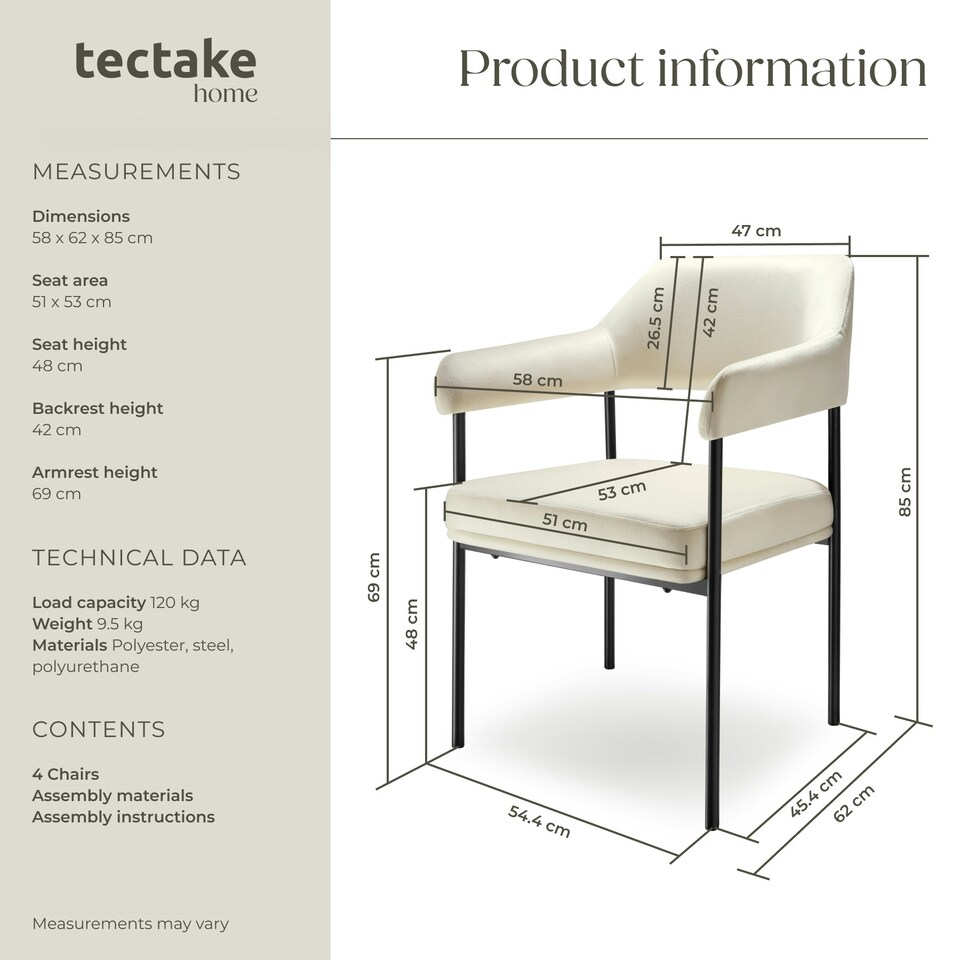 image 1 of Armchair Doe - durable fabric, black powder-coated legs, 120 kg load, 58 x 62 x 85 cm - Set of 6 White | Velvet Look Off-White