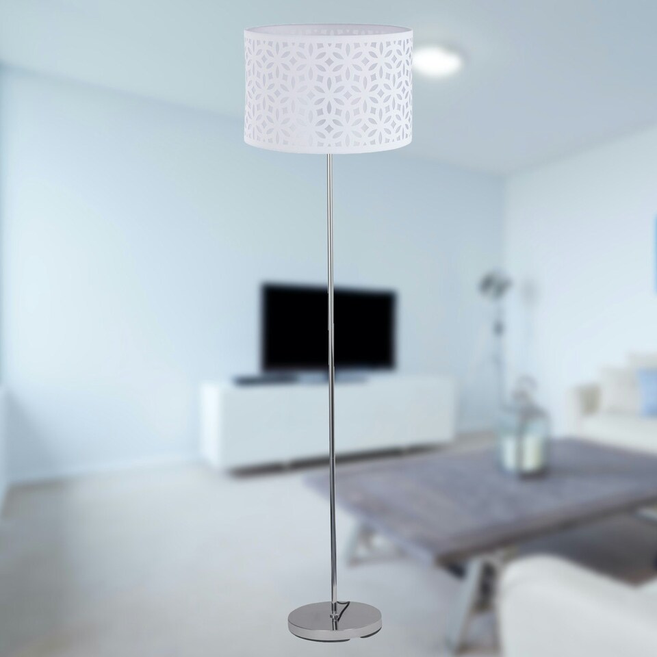 image 1 of First Choice Lighting Chrome Stick Floor Lamp with White Laser Cut Shade Chrome | White