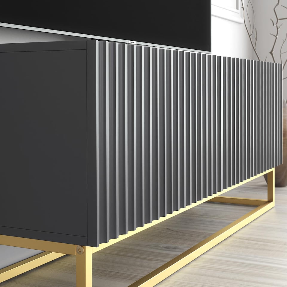 image 1 of TV Unit Stand Cabinet Sideboard Media Cabinet Storage Unit Grey Fluted Gold Base 100cm