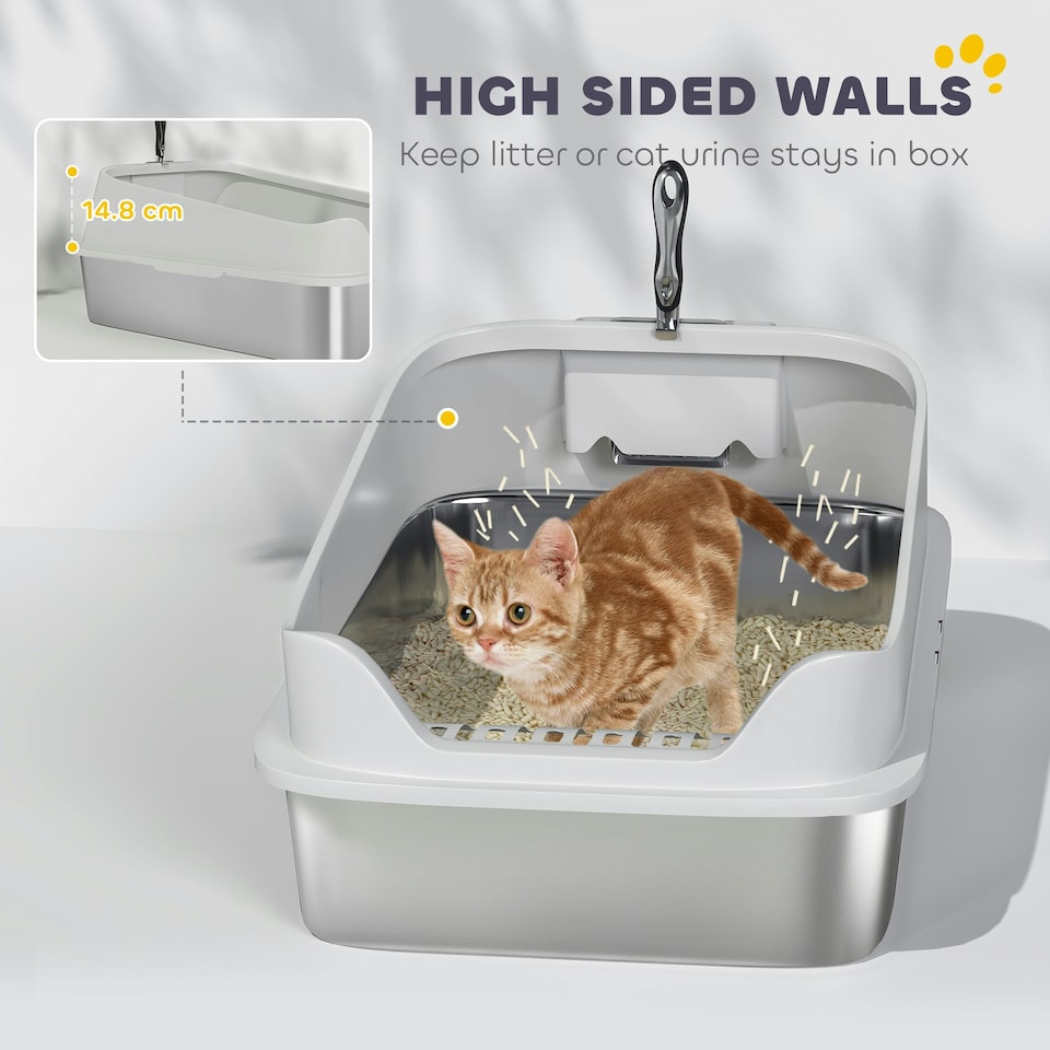 image 1 of PawHut XL Stainless Steel Cat Litter Box with High Sides, 60 x 40 x 30 cm Grey