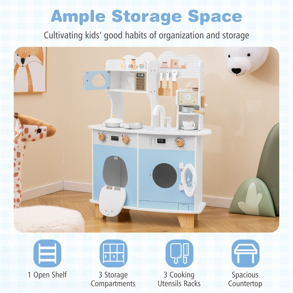 image 1 of COSTWAY Wooden Kids Kitchen Playset Pretend Play Kitchen With  Coffee Maker-Blue