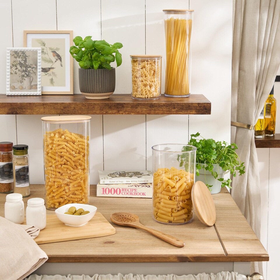 image 1 of OHS Clear Oval Storage Tub with Lid Pasta Dry Food Container Bamboo | Clear | Clear/Bamboo
