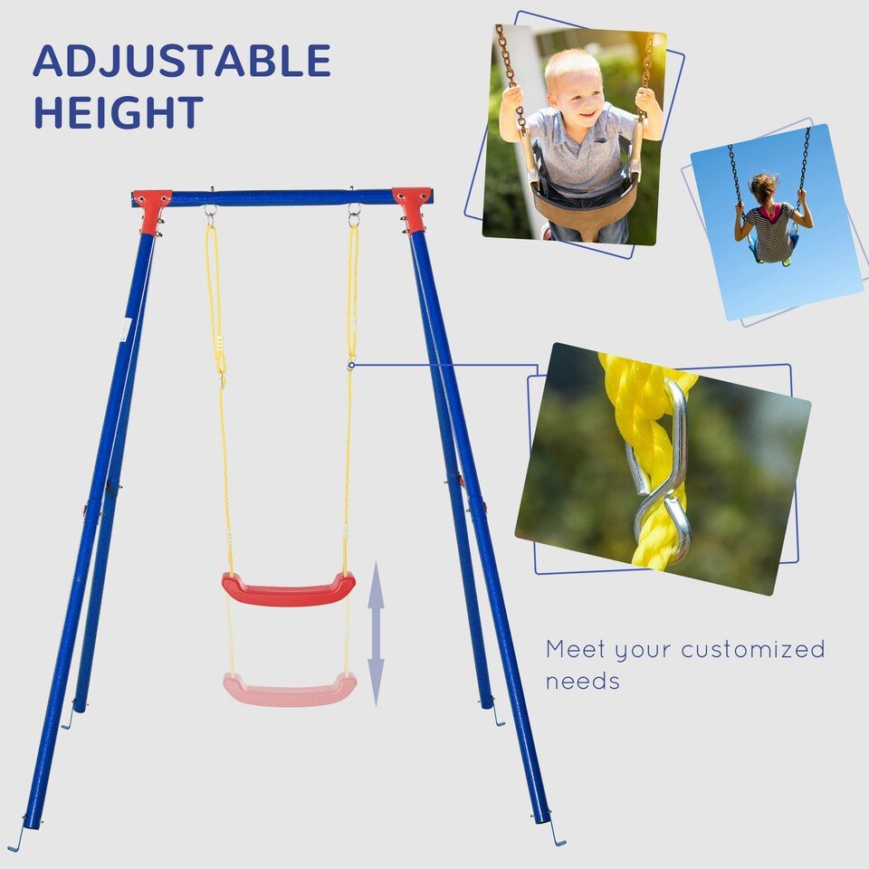 image 1 of Outsunny Metal Swing Set w/ Adjustable Rope A-Frame Stand Outdoor Playset