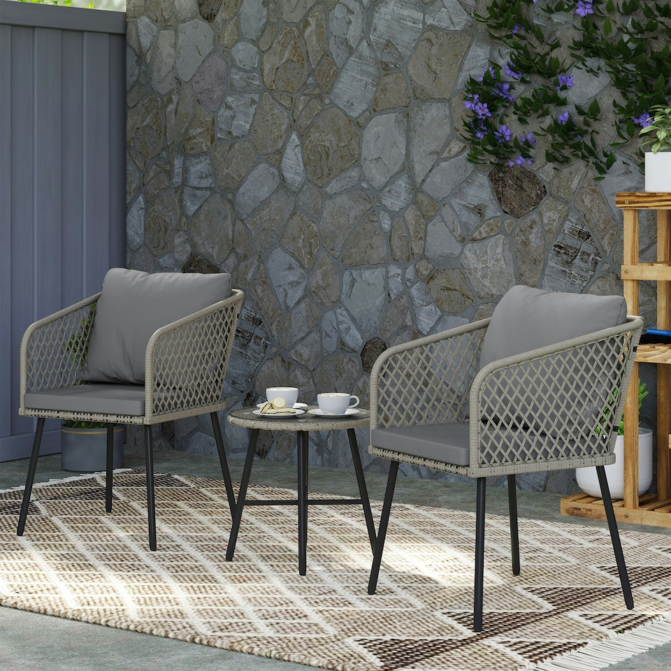 image 1 of Outsunny 3-Piece Rattan Bistro Set with Acacia Wood Table, Grey