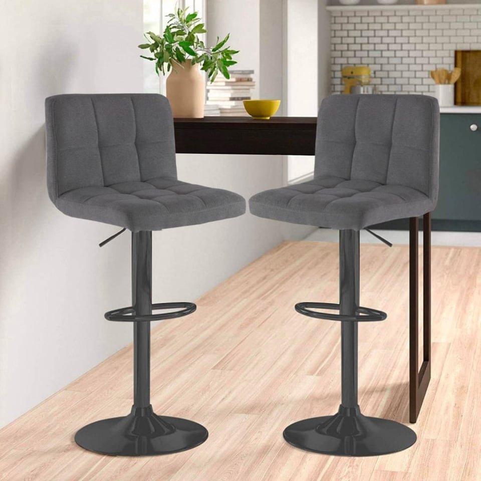 image 1 of Neo Cuban Bar Stool Dark Grey Fabric Black Steel Base Set of Two