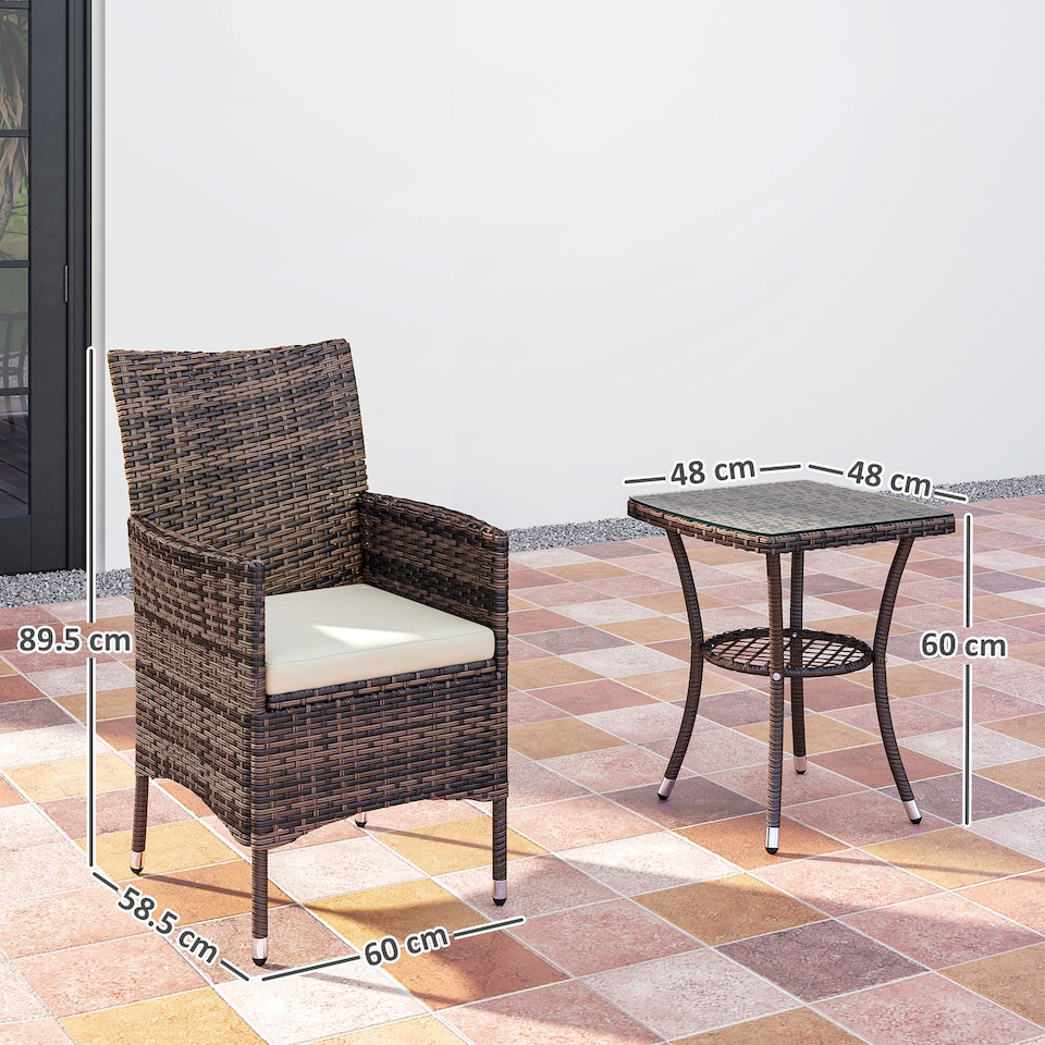 image 1 of Outsunny 3 Pieces Rattan Bistro Set, Wicker Garden Furniture Set with 2 Tier Coffee Table and Chairs, Cushions, for Outdoor Patio Balcony, Brown