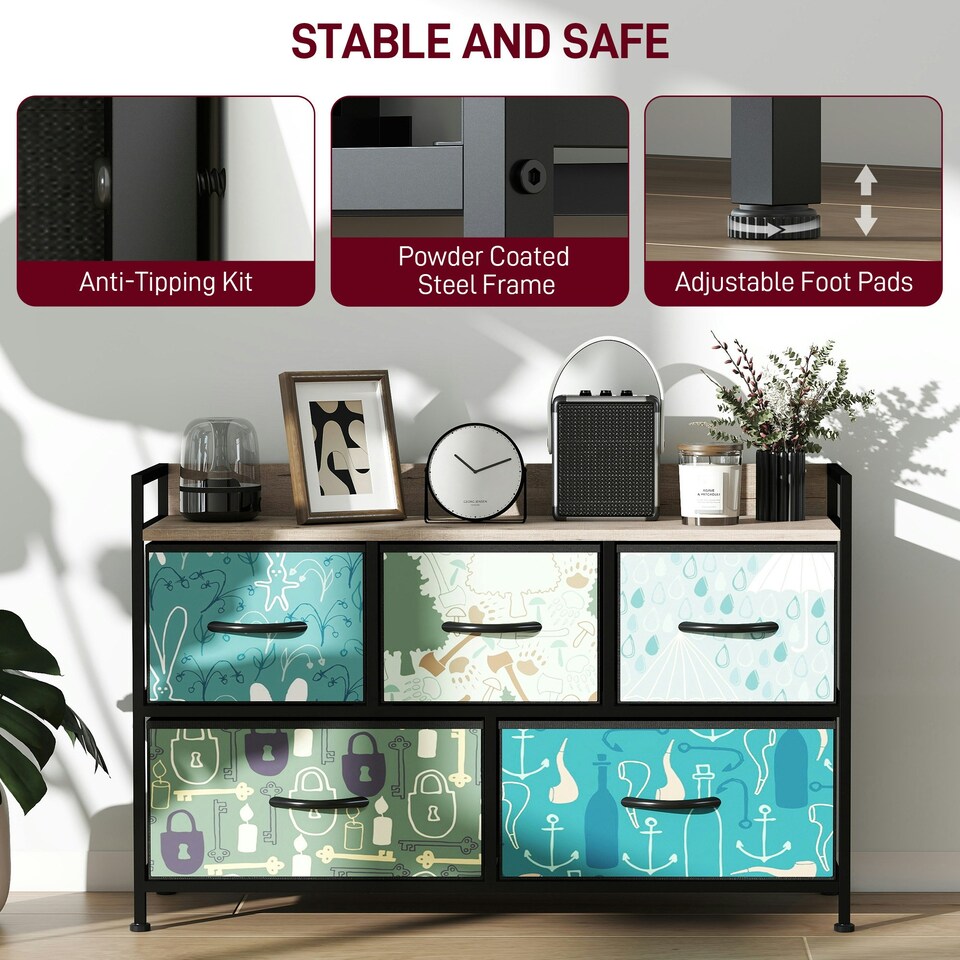 image 1 of HOMCOM 5-Drawer Chest of Drawers, Fabric Dresser with Open Shelf, Blue | Blue | Black frame, wood-effect top | One Size | 1