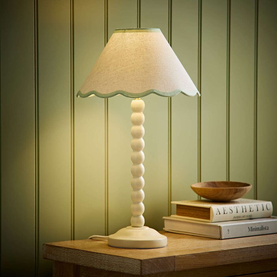 image 1 of ValueLights Bobble Cream Table Lamp Green Trim Scallop Shade & Bulb | Cream | Green