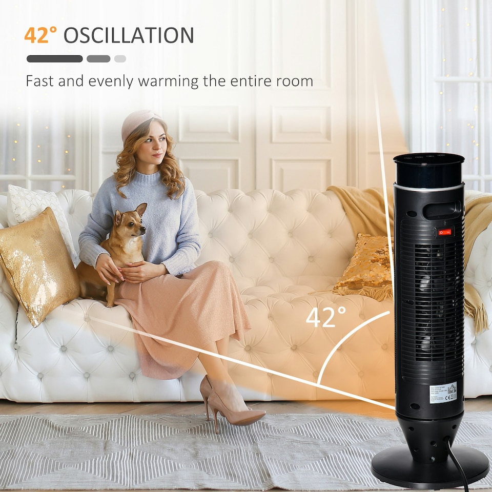 image 1 of HOMCOM 1000W/2000W Tower Heater w/ 42° Oscillation Remote Control Timer