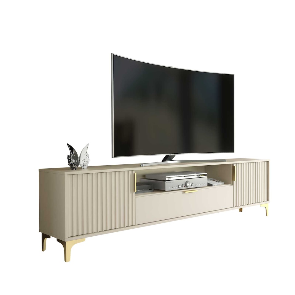 image 1 of TV Stand TV Unit Cabinet Sideboard Media Cabinet Cashmere Fluted Gold Legs 200cm