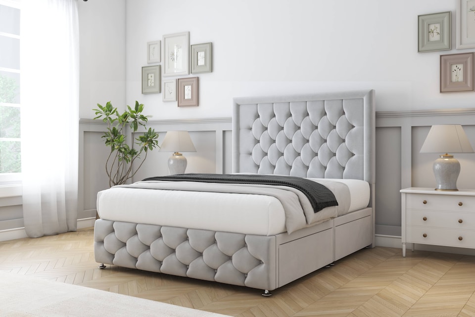 image 1 of Sloomy Vienna Silver Plush Divan Bed Base 2 Drawers Left Side With 54 Inch Floor Standing Headboard & 12 Inch Matching Footboard | Silver | Silver | Super King | 1